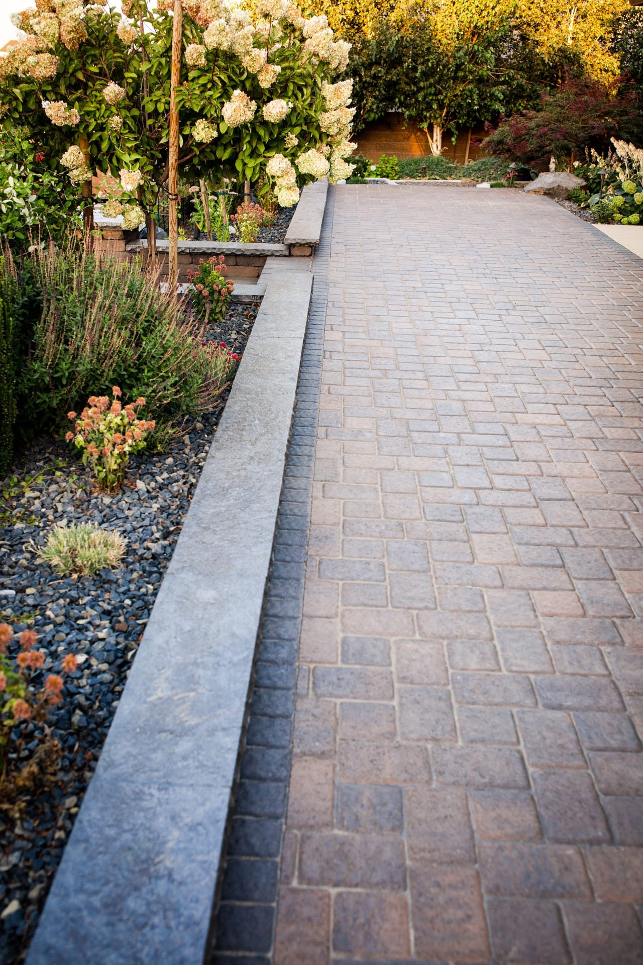 Curved paver walkway edging a planted garden bed at golden hour